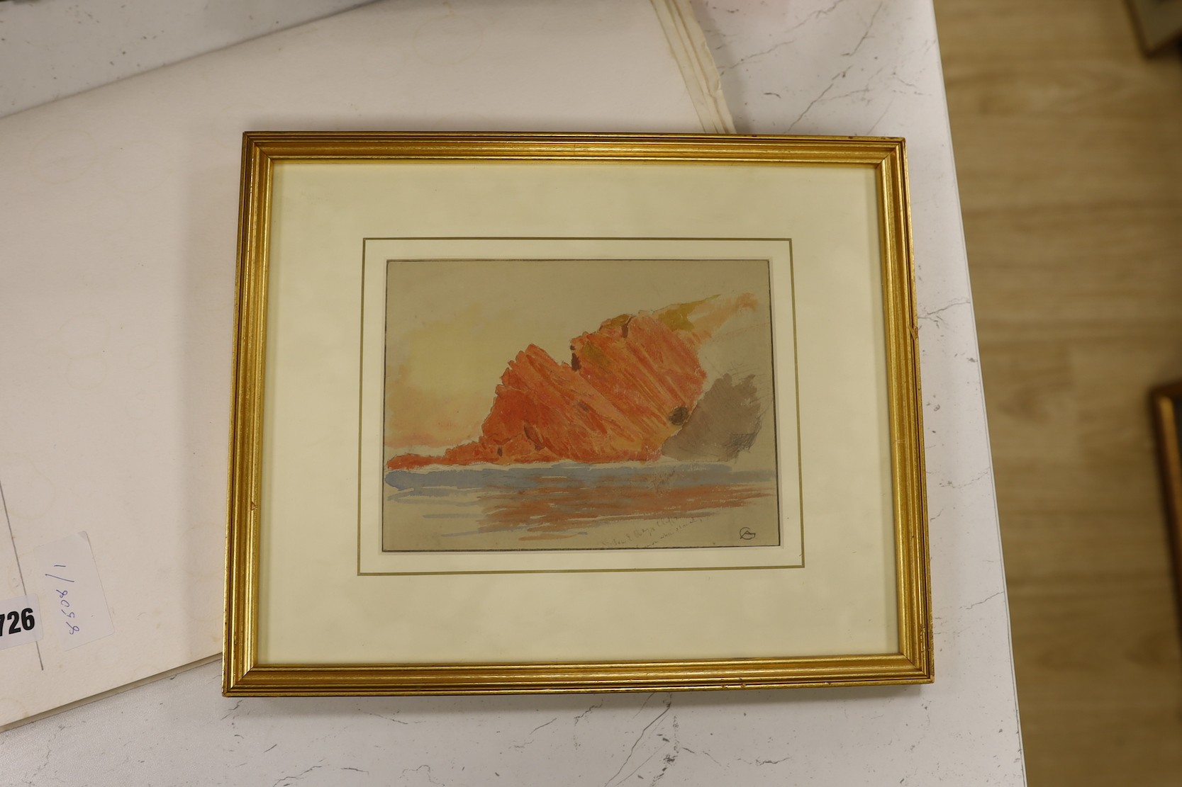 Albert Goodwin RWS (1845–1932), watercolour and pencil, Cliffs and beach, probably near Ilfracombe, North Devon, inscribed and monogrammed, 13.5 x 18cm